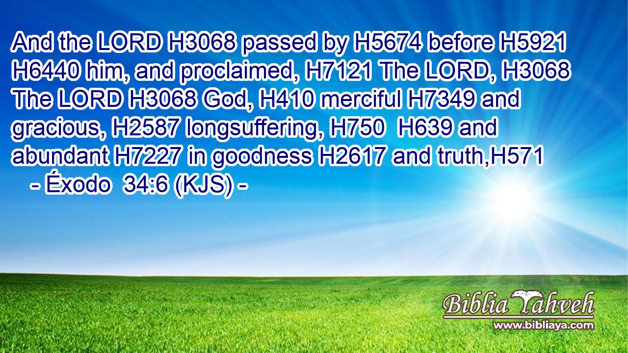 And the LORD H3068 passed by H5674 before H5921  H6440 him, and proclaimed, H7121 The LORD, H3068 The LORD H3068 God, H410 merciful H7349 and gracious, H2587 longsuffering, H750  H639 and abundant H7227 in goodness H2617 and truth,H571