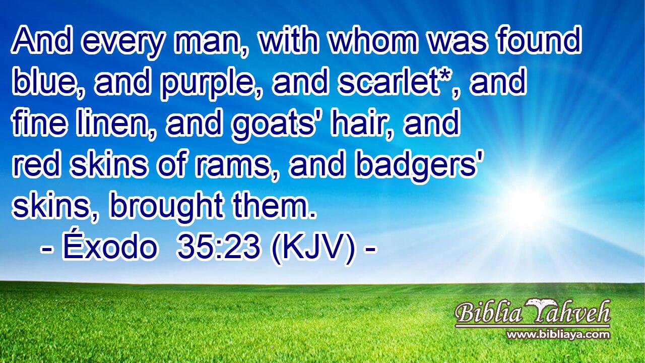 And every man, with whom was found blue, and purple, and scarlet*, and fine linen, and goats' hair, and red skins of rams, and badgers' skins, brought them.