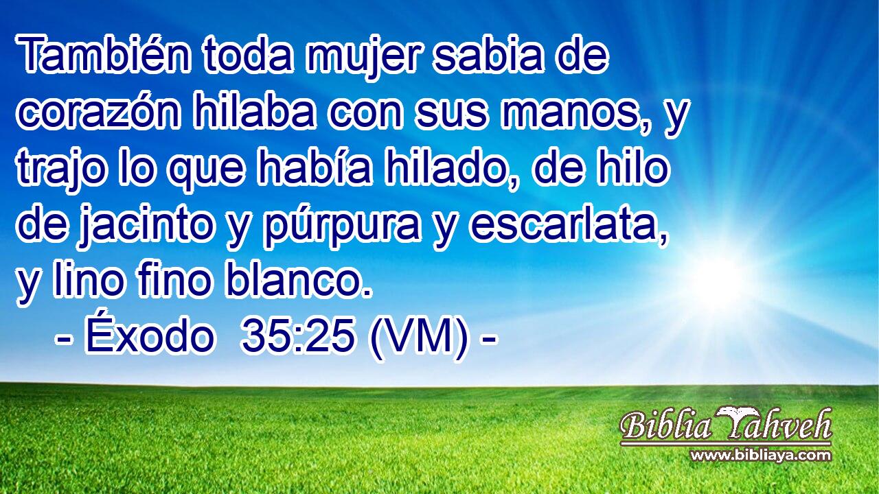  También toda mujer sabia de corazón hilaba con sus manos, y trajo lo que había hilado, de hilo de jacinto y púrpura y escarlata, y lino fino blanco. 