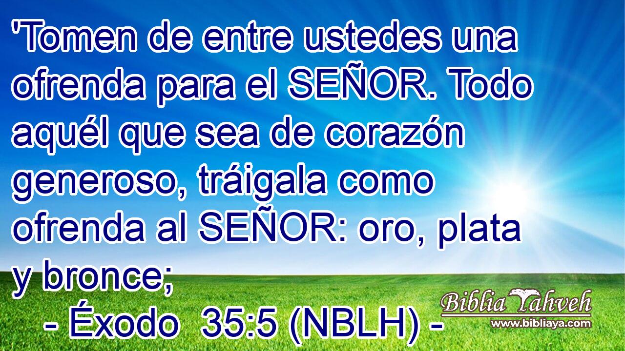  'Tomen de entre ustedes una ofrenda para el SEÑOR. Todo aquél que sea de corazón generoso, tráigala como ofrenda al SEÑOR: oro, plata y bronce; 