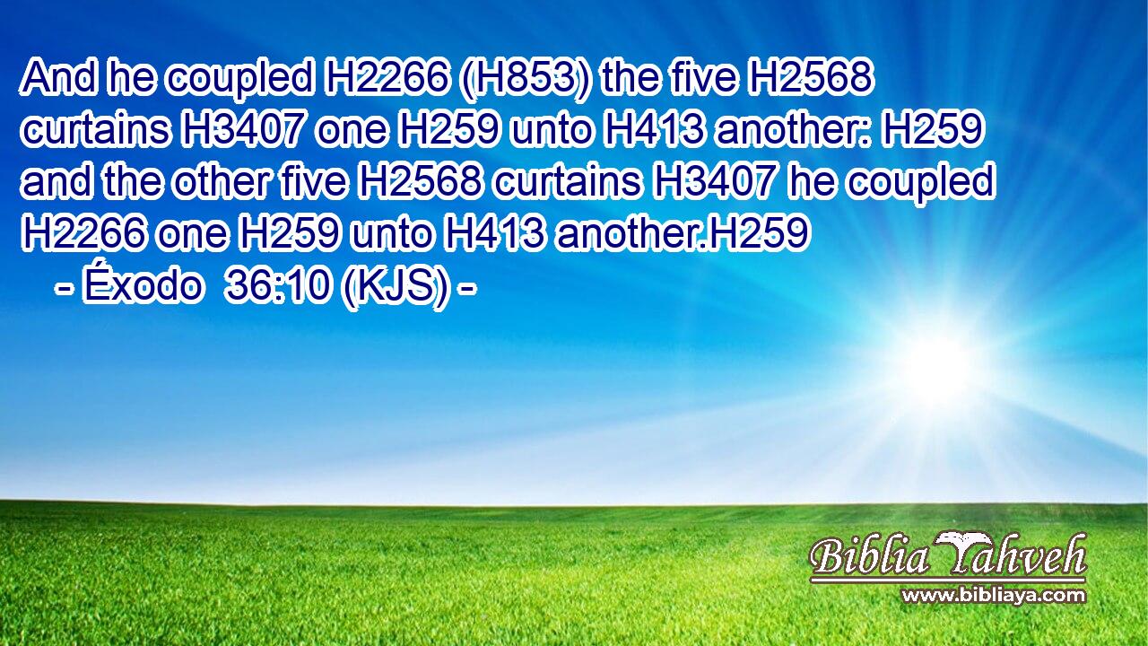 And he coupled H2266 (H853) the five H2568 curtains H3407 one H259 unto H413 another: H259 and the other five H2568 curtains H3407 he coupled H2266 one H259 unto H413 another.H259