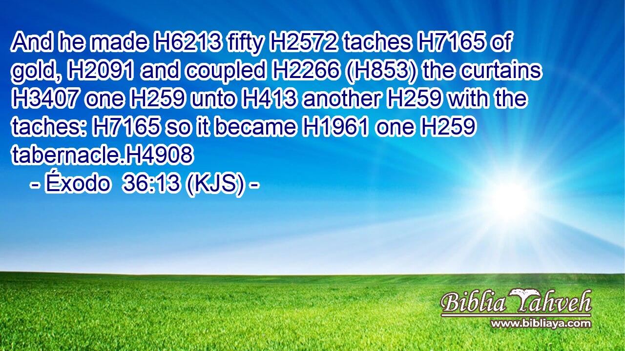 And he made H6213 fifty H2572 taches H7165 of gold, H2091 and coupled H2266 (H853) the curtains H3407 one H259 unto H413 another H259 with the taches: H7165 so it became H1961 one H259 tabernacle.H4908