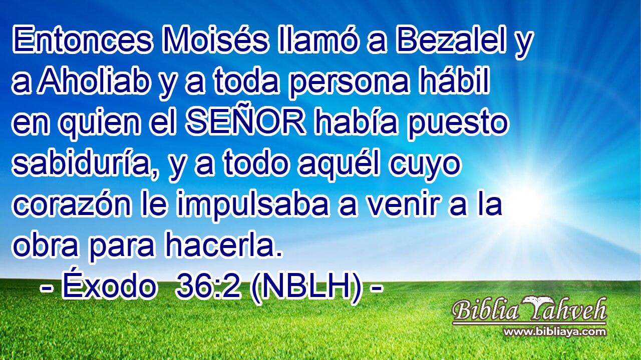  Entonces Moisés llamó a Bezalel y a Aholiab y a toda persona hábil en quien el SEÑOR había puesto sabiduría, y a todo aquél cuyo corazón le impulsaba a venir a la obra para hacerla. 