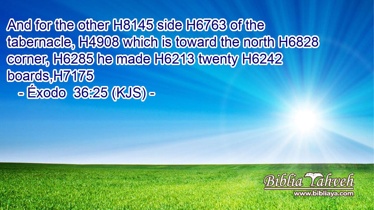 And for the other H8145 side H6763 of the tabernacle, H4908 which is toward the north H6828 corner, H6285 he made H6213 twenty H6242 boards,H7175