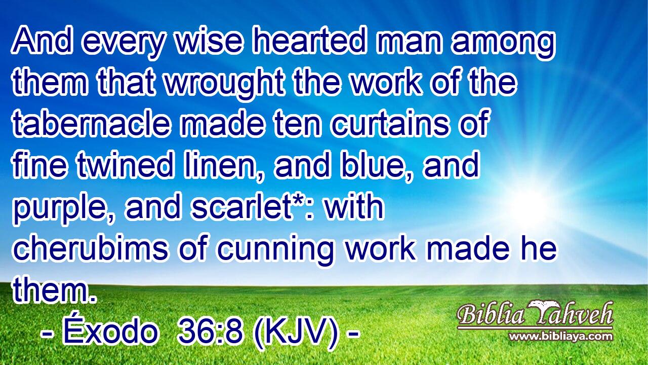 And every wise hearted man among them that wrought the work of the tabernacle made ten curtains of fine twined linen, and blue, and purple, and scarlet*: with cherubims of cunning work made he them.