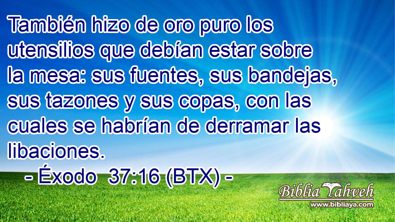 También hizo de oro puro los utensilios que debían estar sobre la mesa: sus fuentes, sus bandejas, sus tazones y sus copas, con las cuales se habrían de derramar las libaciones.