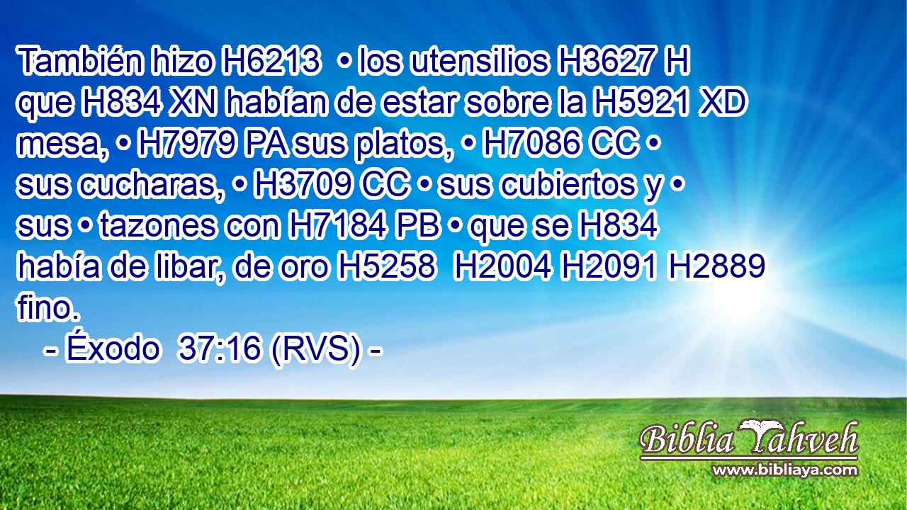 También hizo H6213  • los utensilios H3627 H que H834 XN habían de estar sobre la H5921 XD mesa, • H7979 PA sus platos, • H7086 CC • sus cucharas, • H3709 CC • sus cubiertos y • sus • tazones con H7184 PB • que se H834 había de libar, de oro H5258  H2004 H2091 H2889 fino. 