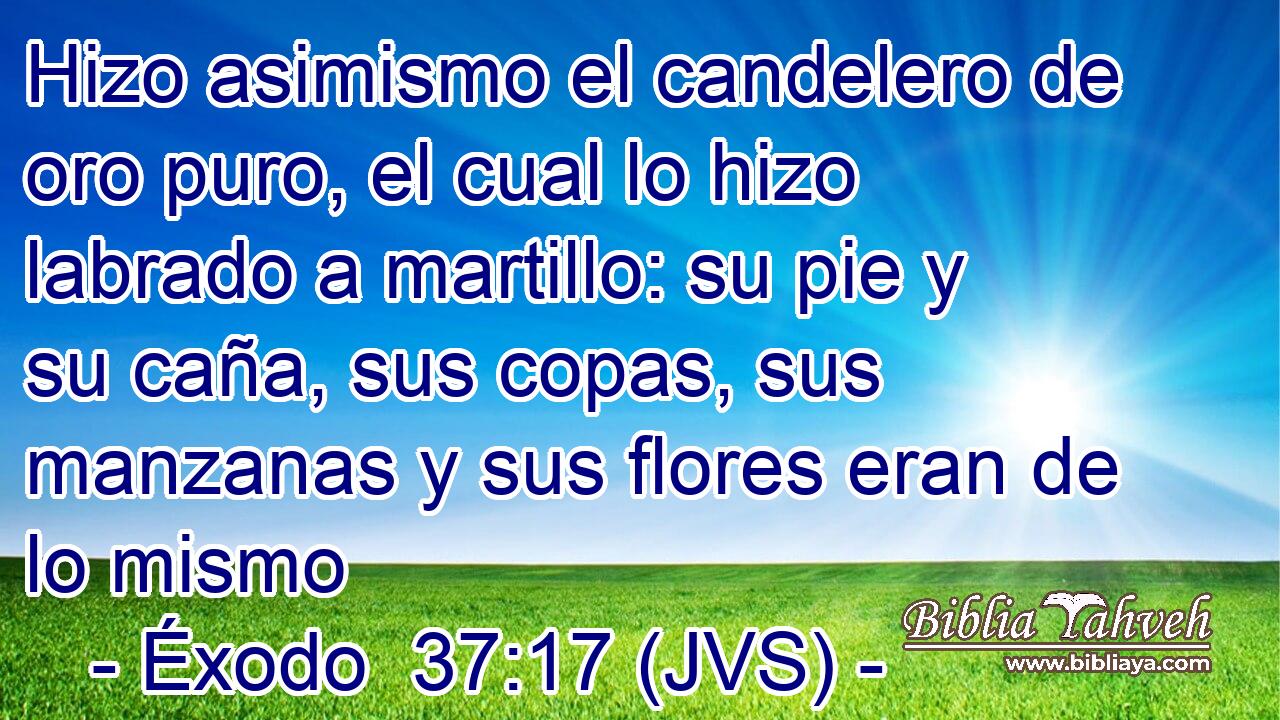 Hizo asimismo el candelero de oro puro, el cual lo hizo labrado a martillo: su pie y su caña, sus copas, sus manzanas y sus flores eran de lo mismo