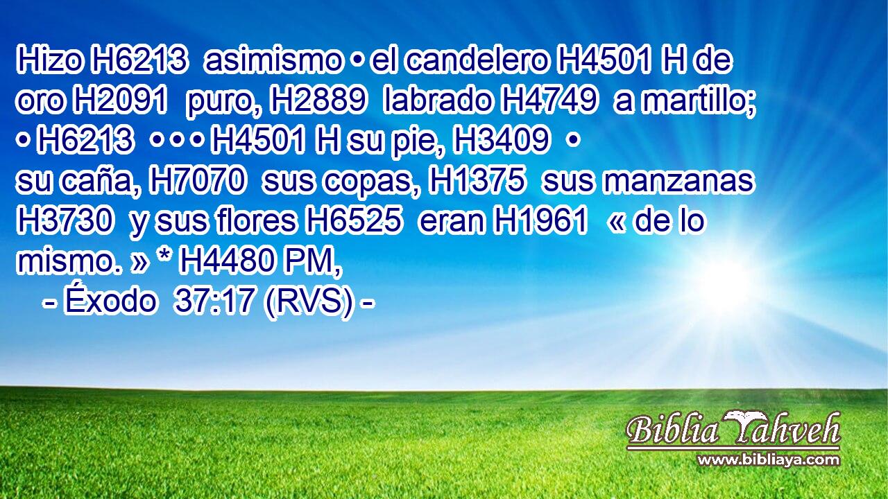 Hizo H6213  asimismo • el candelero H4501 H de oro H2091  puro, H2889  labrado H4749  a martillo; • H6213  • • • H4501 H su pie, H3409  • su caña, H7070  sus copas, H1375  sus manzanas H3730  y sus flores H6525  eran H1961  « de lo mismo. » * H4480 PM,  