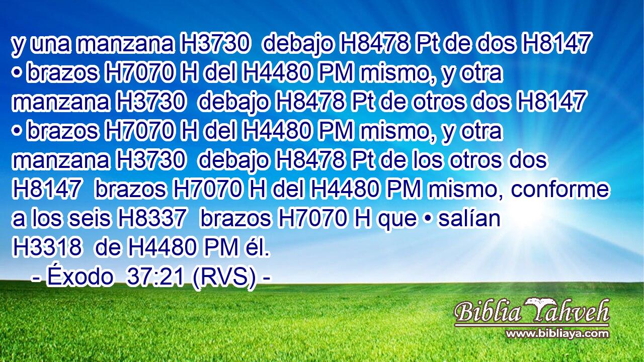 y una manzana H3730  debajo H8478 Pt de dos H8147  • brazos H7070 H del H4480 PM mismo, y otra manzana H3730  debajo H8478 Pt de otros dos H8147  • brazos H7070 H del H4480 PM mismo, y otra manzana H3730  debajo H8478 Pt de los otros dos H8147  brazos H7070 H del H4480 PM mismo, conforme a los seis H8337  brazos H7070 H que • salían H3318  de H4480 PM él. 