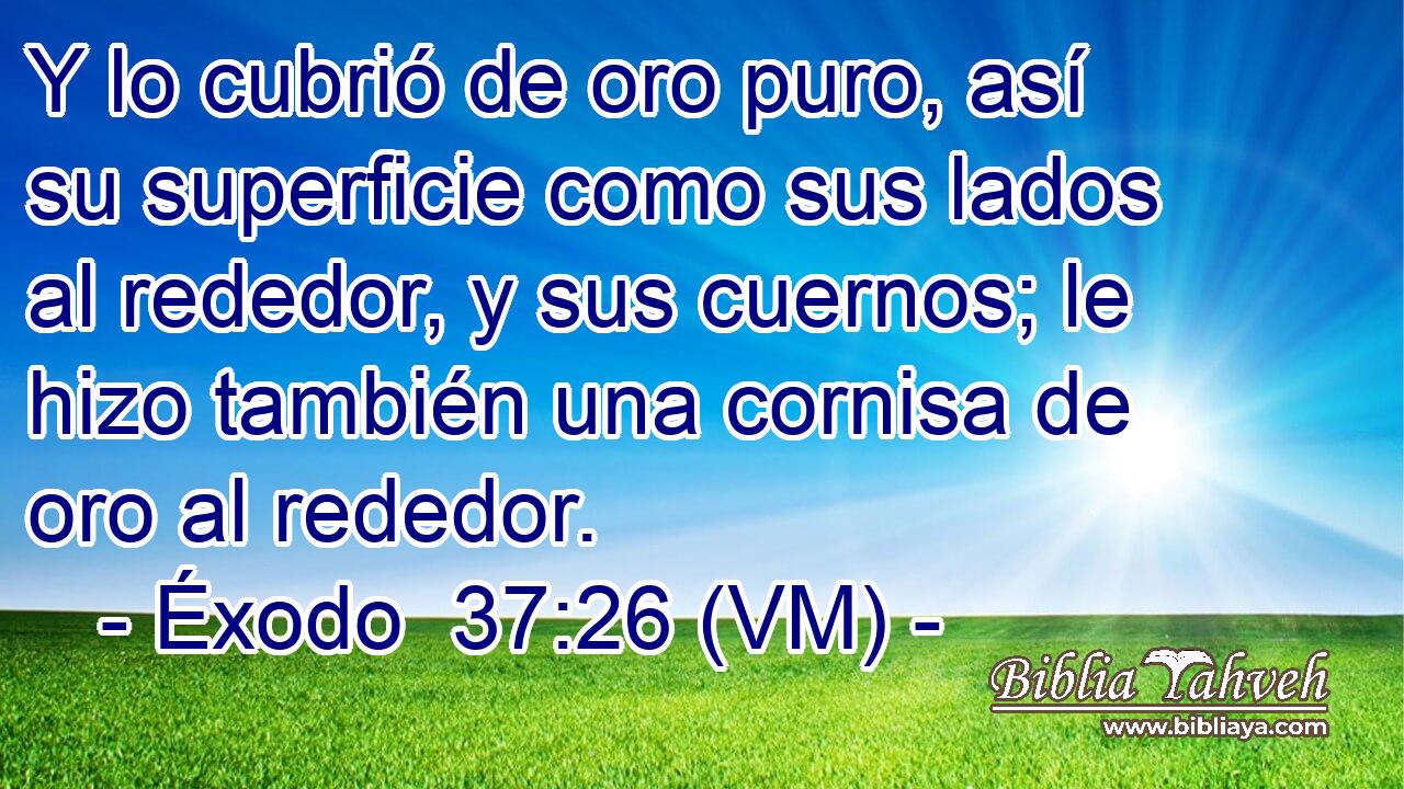  Y lo cubrió de oro puro, así su superficie como sus lados al rededor, y sus cuernos; le hizo también una cornisa de oro al rededor. 