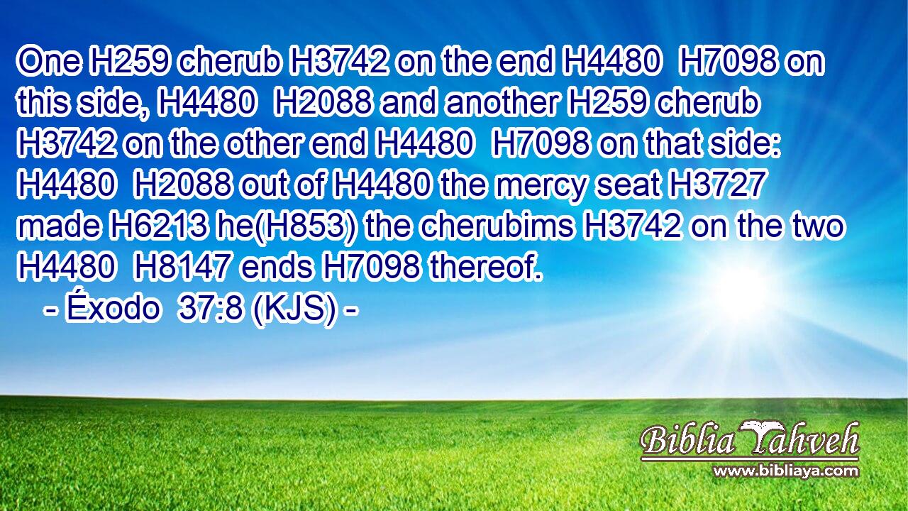 One H259 cherub H3742 on the end H4480  H7098 on this side, H4480  H2088 and another H259 cherub H3742 on the other end H4480  H7098 on that side: H4480  H2088 out of H4480 the mercy seat H3727 made H6213 he(H853) the cherubims H3742 on the two H4480  H8147 ends H7098 thereof.