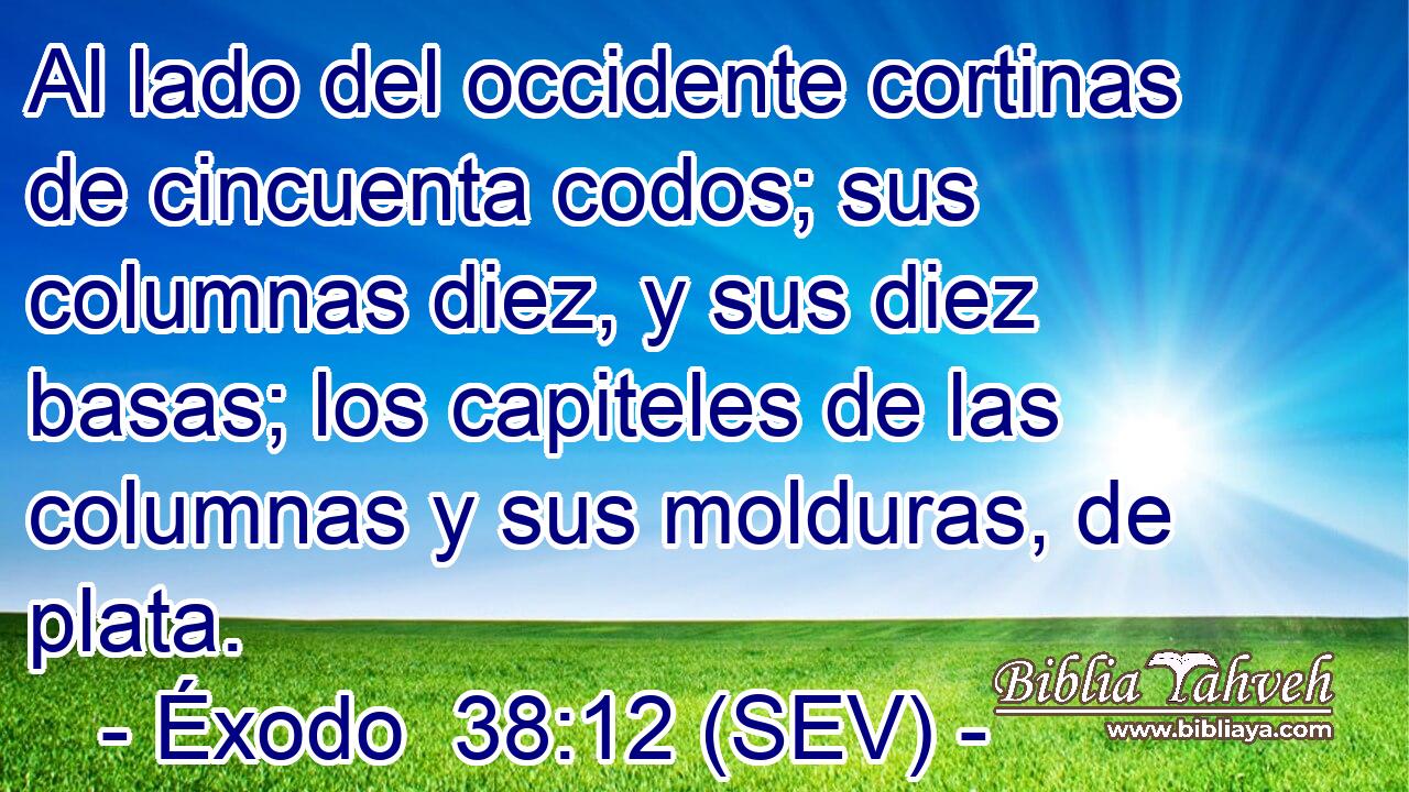 Al lado del occidente cortinas de cincuenta codos; sus columnas diez, y sus diez basas; los capiteles de las columnas y sus molduras, de plata.