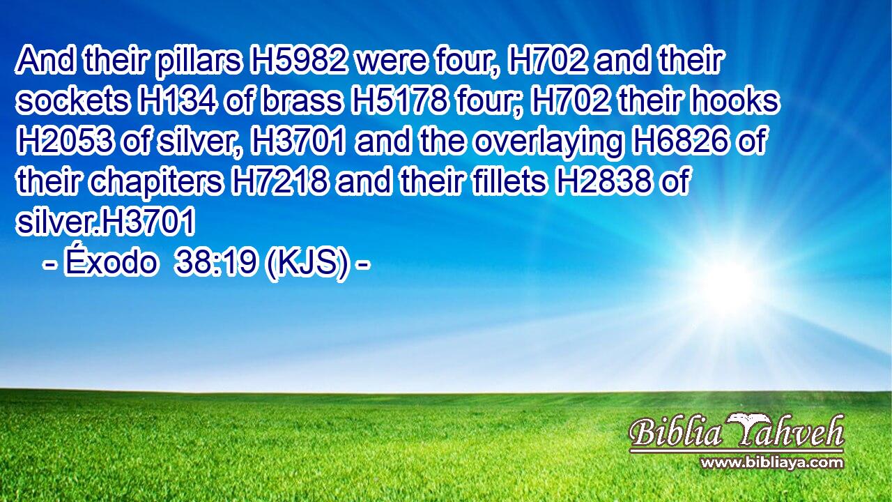 And their pillars H5982 were four, H702 and their sockets H134 of brass H5178 four; H702 their hooks H2053 of silver, H3701 and the overlaying H6826 of their chapiters H7218 and their fillets H2838 of silver.H3701