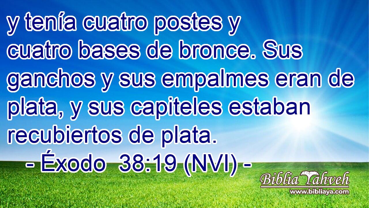  y tenía cuatro postes y cuatro bases de bronce. Sus ganchos y sus empalmes eran de plata, y sus capiteles estaban recubiertos de plata. 