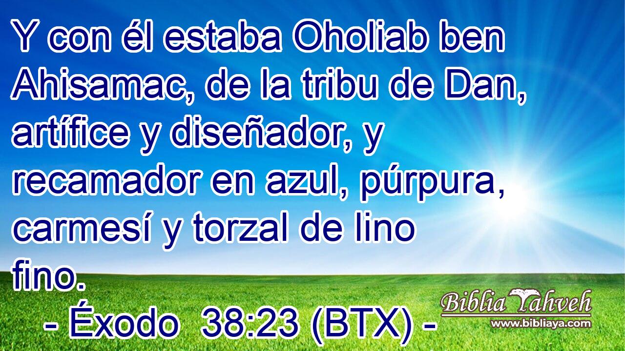 Y con él estaba Oholiab ben Ahisamac, de la tribu de Dan, artífice y diseñador, y recamador en azul, púrpura, carmesí y torzal de lino fino.