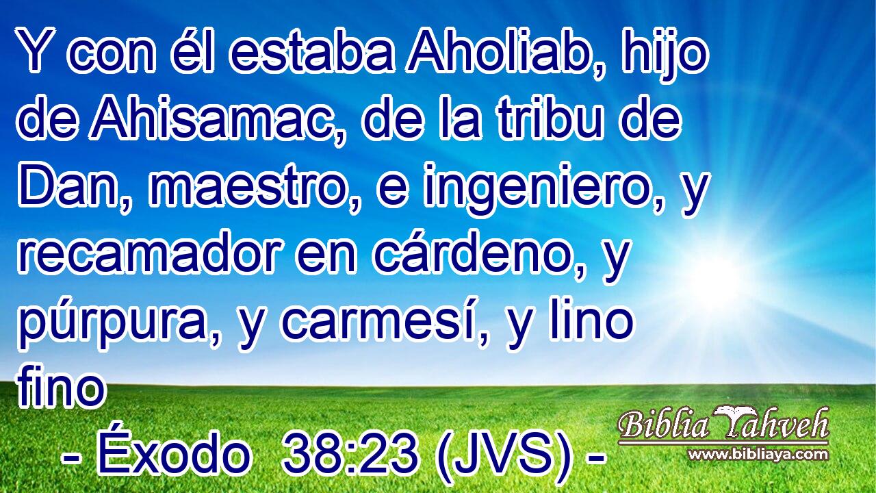 Y con él estaba Aholiab, hijo de Ahisamac, de la tribu de Dan, maestro, e ingeniero, y recamador en cárdeno, y púrpura, y carmesí, y lino fino