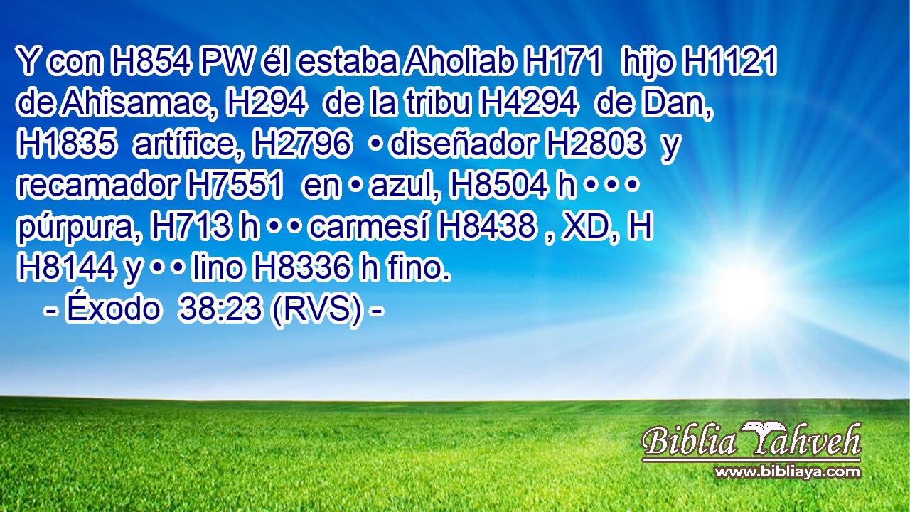 Y con H854 PW él estaba Aholiab H171  hijo H1121  de Ahisamac, H294  de la tribu H4294  de Dan, H1835  artífice, H2796  • diseñador H2803  y recamador H7551  en • azul, H8504 h • • • púrpura, H713 h • • carmesí H8438 , XD, H H8144 y • • lino H8336 h fino. 