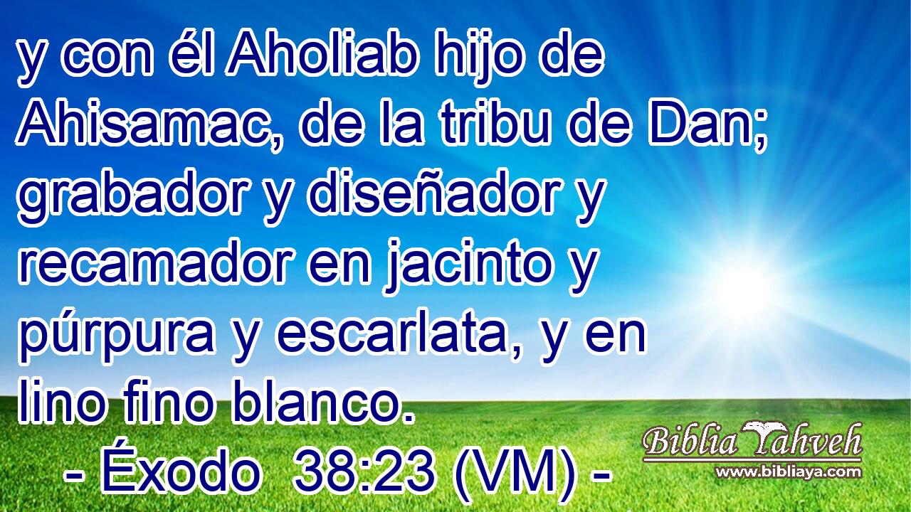  y con él Aholiab hijo de Ahisamac, de la tribu de Dan; grabador y diseñador y recamador en jacinto y púrpura y escarlata, y en lino fino blanco. 