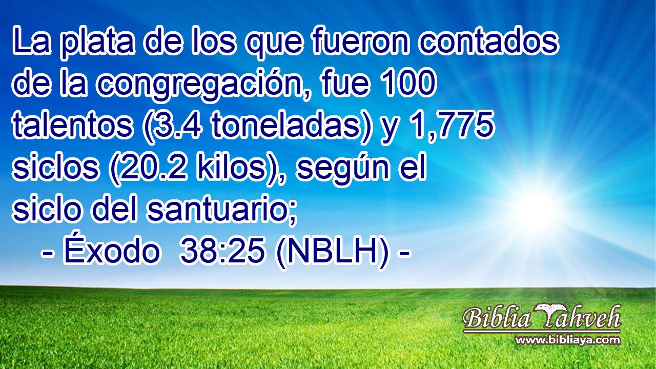  La plata de los que fueron contados de la congregación, fue 100 talentos (3.4 toneladas) y 1,775 siclos (20.2 kilos), según el siclo del santuario; 