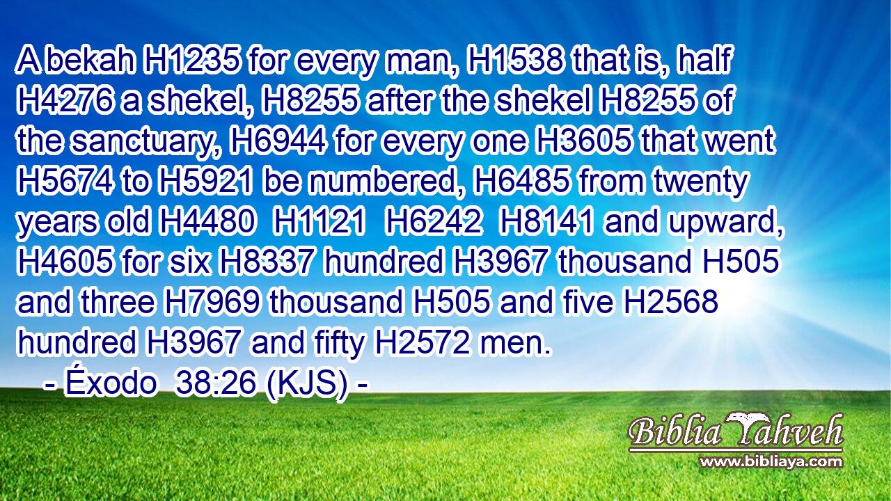 A bekah H1235 for every man, H1538 that is, half H4276 a shekel, H8255 after the shekel H8255 of the sanctuary, H6944 for every one H3605 that went H5674 to H5921 be numbered, H6485 from twenty years old H4480  H1121  H6242  H8141 and upward, H4605 for six H8337 hundred H3967 thousand H505 and three H7969 thousand H505 and five H2568 hundred H3967 and fifty H2572 men.