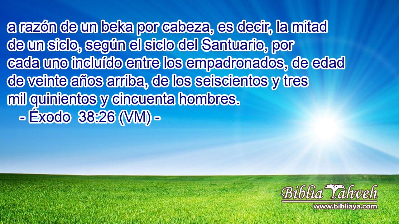  a razón de un beka por cabeza, es decir, la mitad de un siclo, según el siclo del Santuario, por cada uno incluído entre los empadronados, de edad de veinte años arriba, de los seiscientos y tres mil quinientos y cincuenta hombres. 