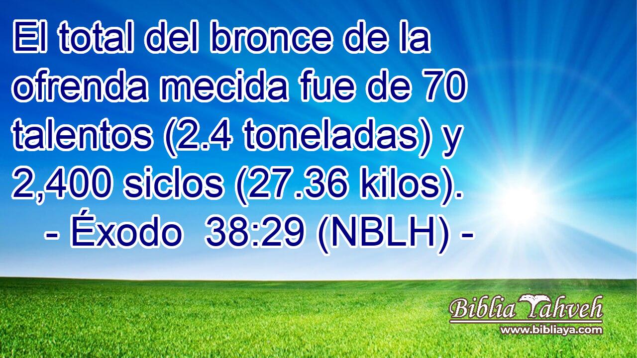  El total del bronce de la ofrenda mecida fue de 70 talentos (2.4 toneladas) y 2,400 siclos (27.36 kilos). 