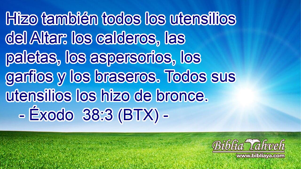 Hizo también todos los utensilios del Altar: los calderos, las paletas, los aspersorios, los garfios y los braseros. Todos sus utensilios los hizo de bronce.