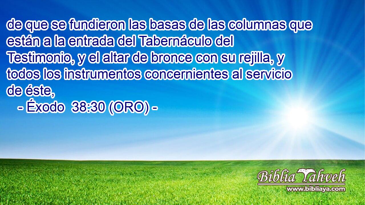  de que se fundieron las basas de las columnas que están a la entrada del Tabernáculo del Testimonio, y el altar de bronce con su rejilla, y todos los instrumentos concernientes al servicio de éste, 