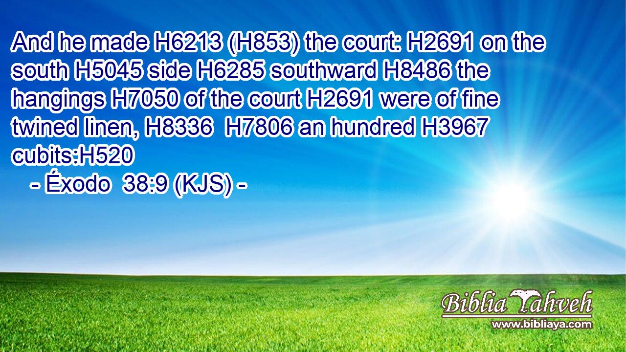 And he made H6213 (H853) the court: H2691 on the south H5045 side H6285 southward H8486 the hangings H7050 of the court H2691 were of fine twined linen, H8336  H7806 an hundred H3967 cubits:H520