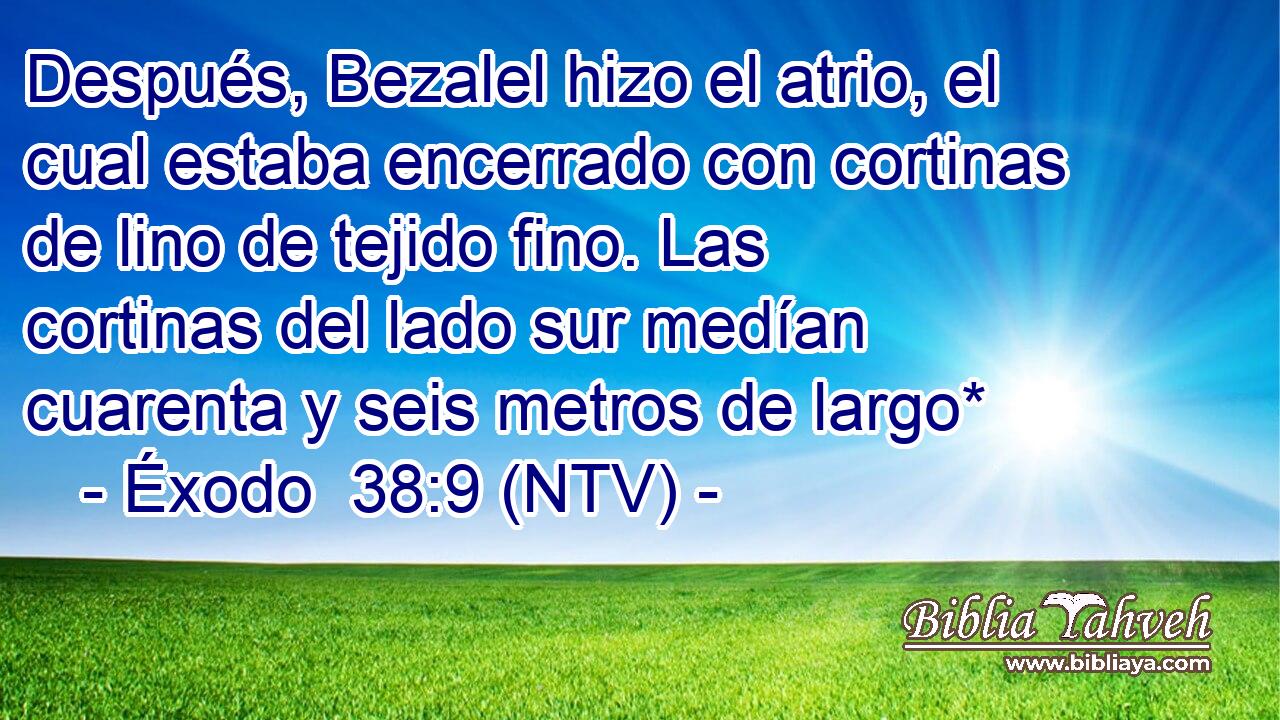 Después, Bezalel hizo el atrio, el cual estaba encerrado con cortinas de lino de tejido fino. Las cortinas del lado sur medían cuarenta y seis metros de largo*