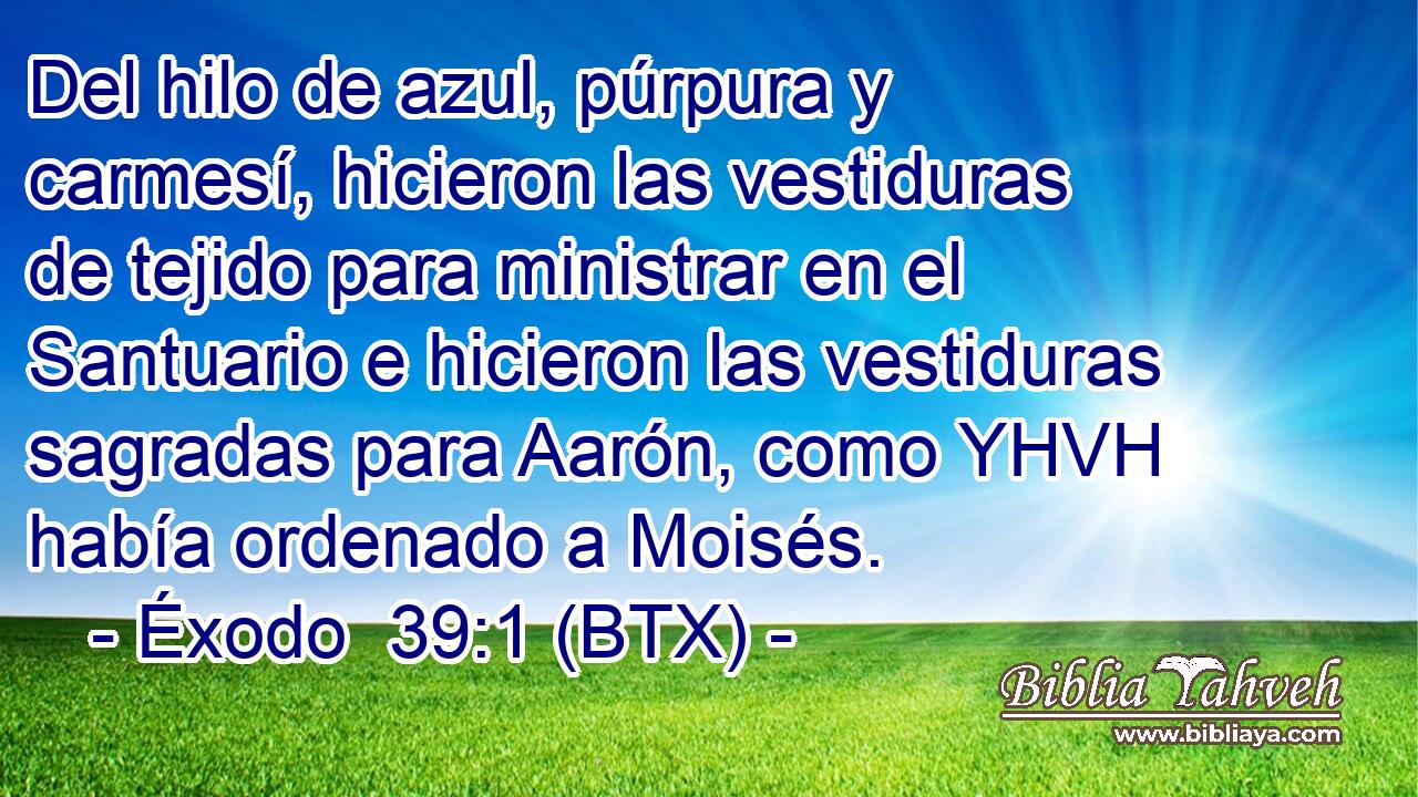 Del hilo de azul, púrpura y carmesí, hicieron las vestiduras de tejido para ministrar en el Santuario e hicieron las vestiduras sagradas para Aarón, como YHVH había ordenado a Moisés.