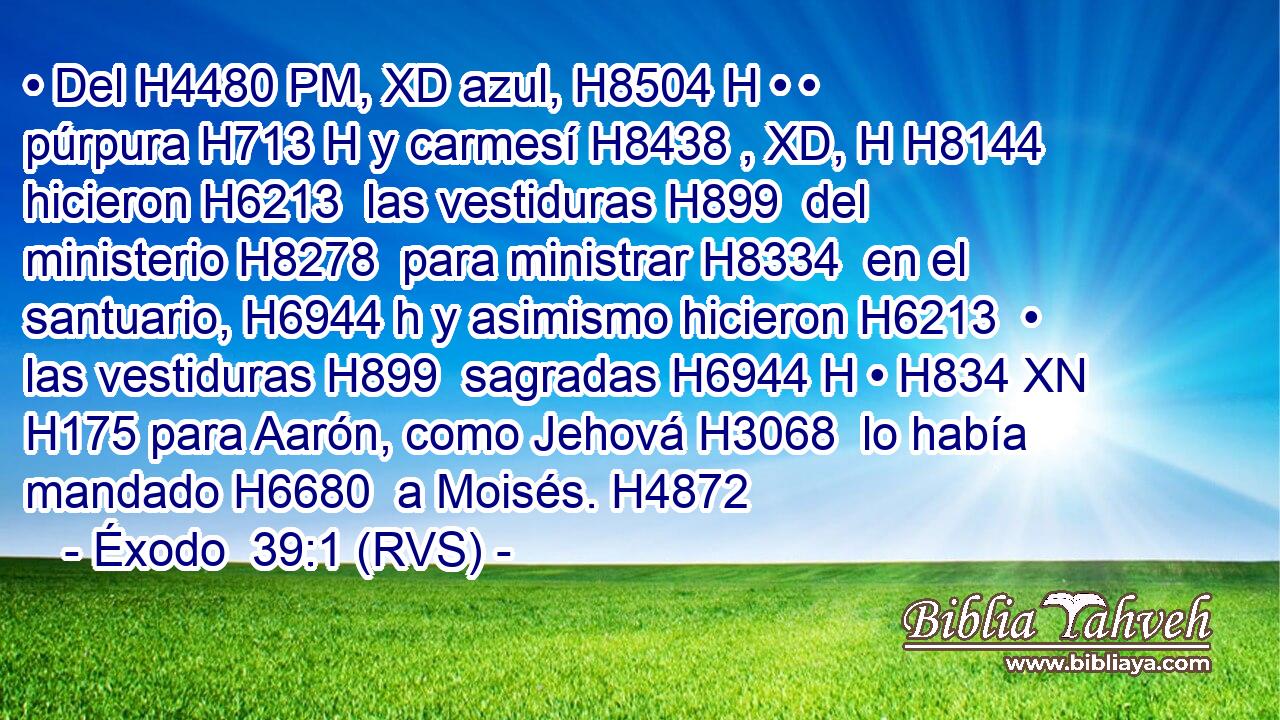 • Del H4480 PM, XD azul, H8504 H • • púrpura H713 H y carmesí H8438 , XD, H H8144 hicieron H6213  las vestiduras H899  del ministerio H8278  para ministrar H8334  en el santuario, H6944 h y asimismo hicieron H6213  • las vestiduras H899  sagradas H6944 H • H834 XN H175 para Aarón, como Jehová H3068  lo había mandado H6680  a Moisés. H4872  
