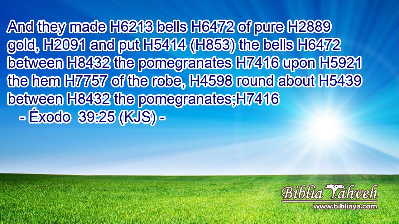 And they made H6213 bells H6472 of pure H2889 gold, H2091 and put H5414 (H853) the bells H6472 between H8432 the pomegranates H7416 upon H5921 the hem H7757 of the robe, H4598 round about H5439 between H8432 the pomegranates;H7416