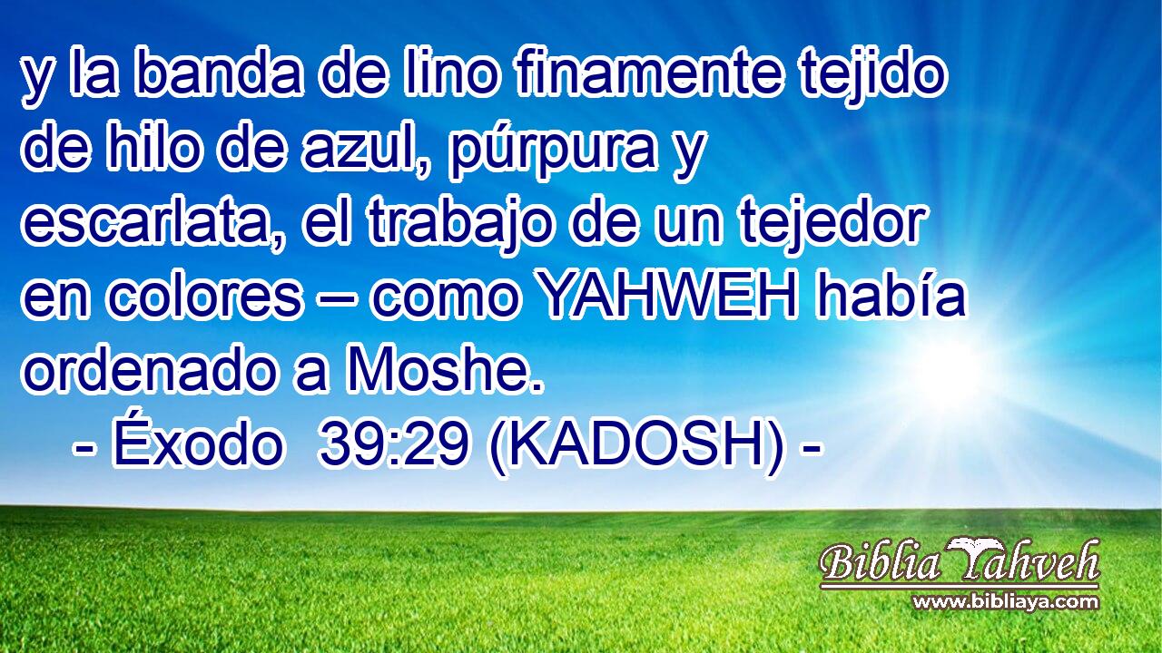  y la banda de lino finamente tejido de hilo de azul, púrpura y escarlata, el trabajo de un tejedor en colores – como YAHWEH había ordenado a Moshe. 