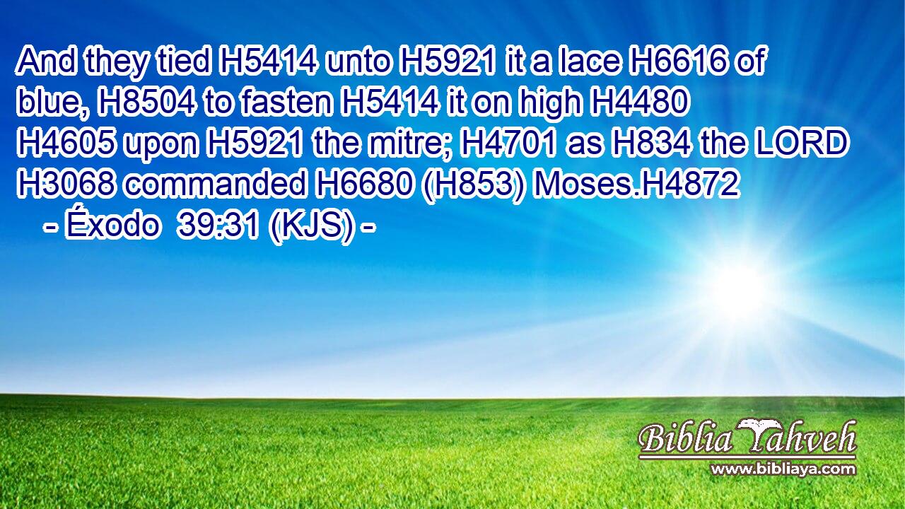 And they tied H5414 unto H5921 it a lace H6616 of blue, H8504 to fasten H5414 it on high H4480  H4605 upon H5921 the mitre; H4701 as H834 the LORD H3068 commanded H6680 (H853) Moses.H4872