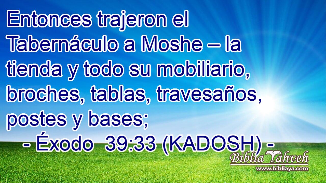  Entonces trajeron el Tabernáculo a Moshe – la tienda y todo su mobiliario, broches, tablas, travesaños, postes y bases; 