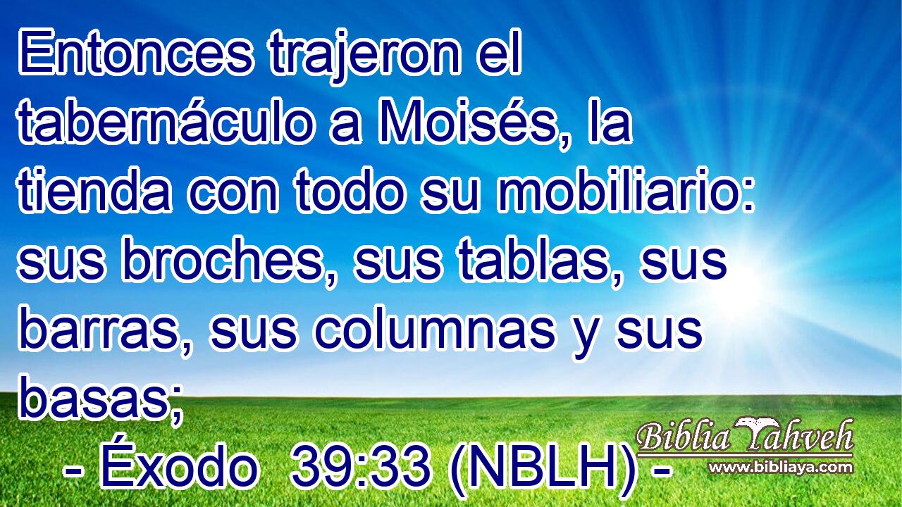  Entonces trajeron el tabernáculo a Moisés, la tienda con todo su mobiliario: sus broches, sus tablas, sus barras, sus columnas y sus basas; 