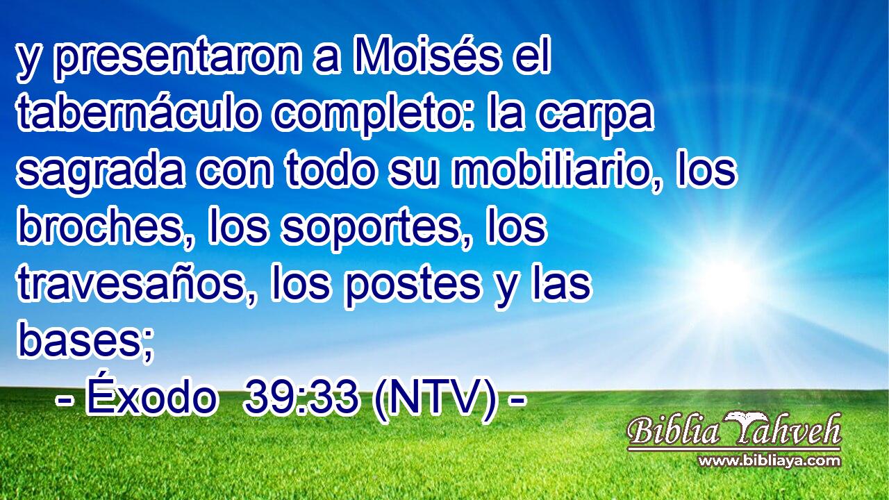 y presentaron a Moisés el tabernáculo completo: la carpa sagrada con todo su mobiliario, los broches, los soportes, los travesaños, los postes y las bases;