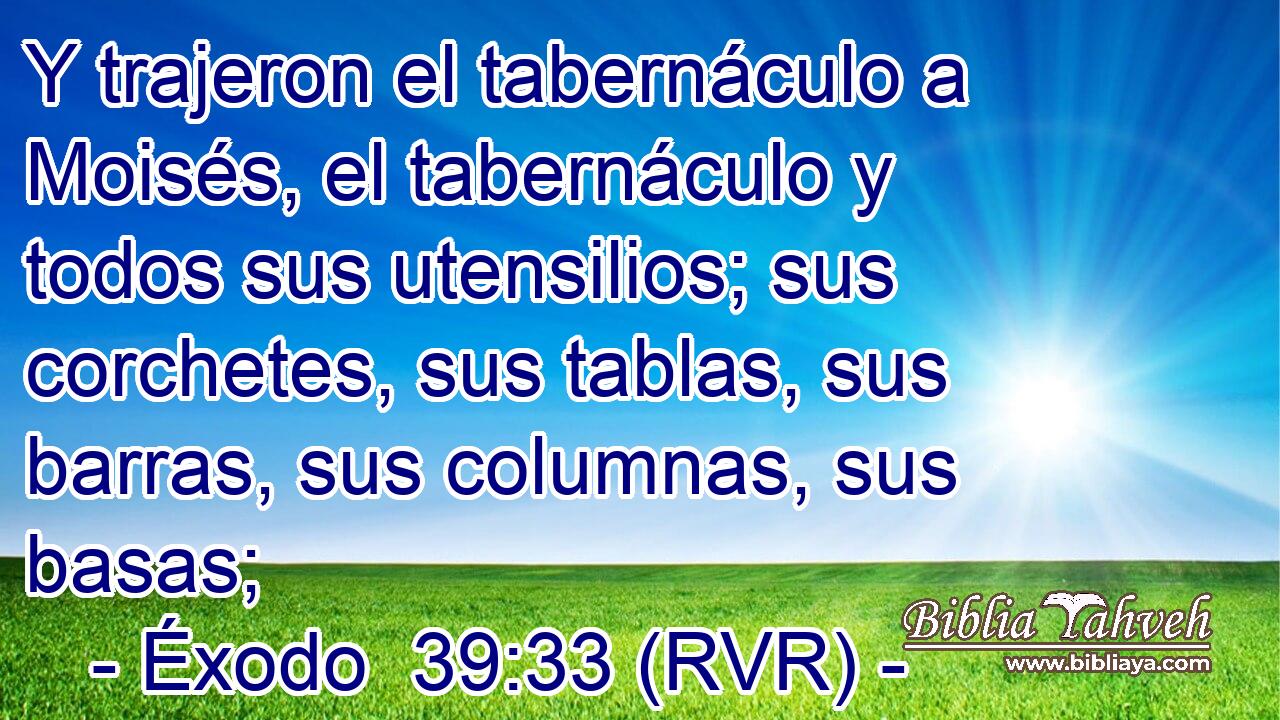 Y trajeron el tabernáculo a Moisés, el tabernáculo y todos sus utensilios; sus corchetes, sus tablas, sus barras, sus columnas, sus basas;