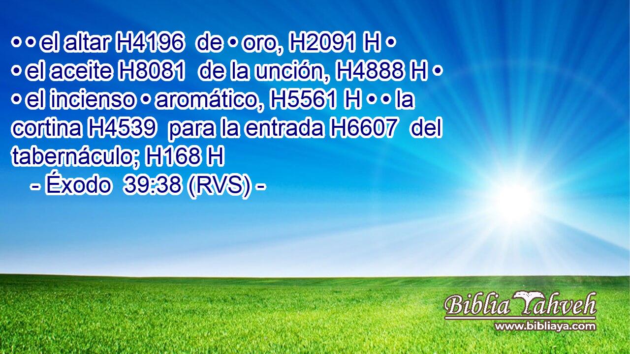 • • el altar H4196  de • oro, H2091 H • • el aceite H8081  de la unción, H4888 H • • el incienso • aromático, H5561 H • • la cortina H4539  para la entrada H6607  del tabernáculo; H168 H 