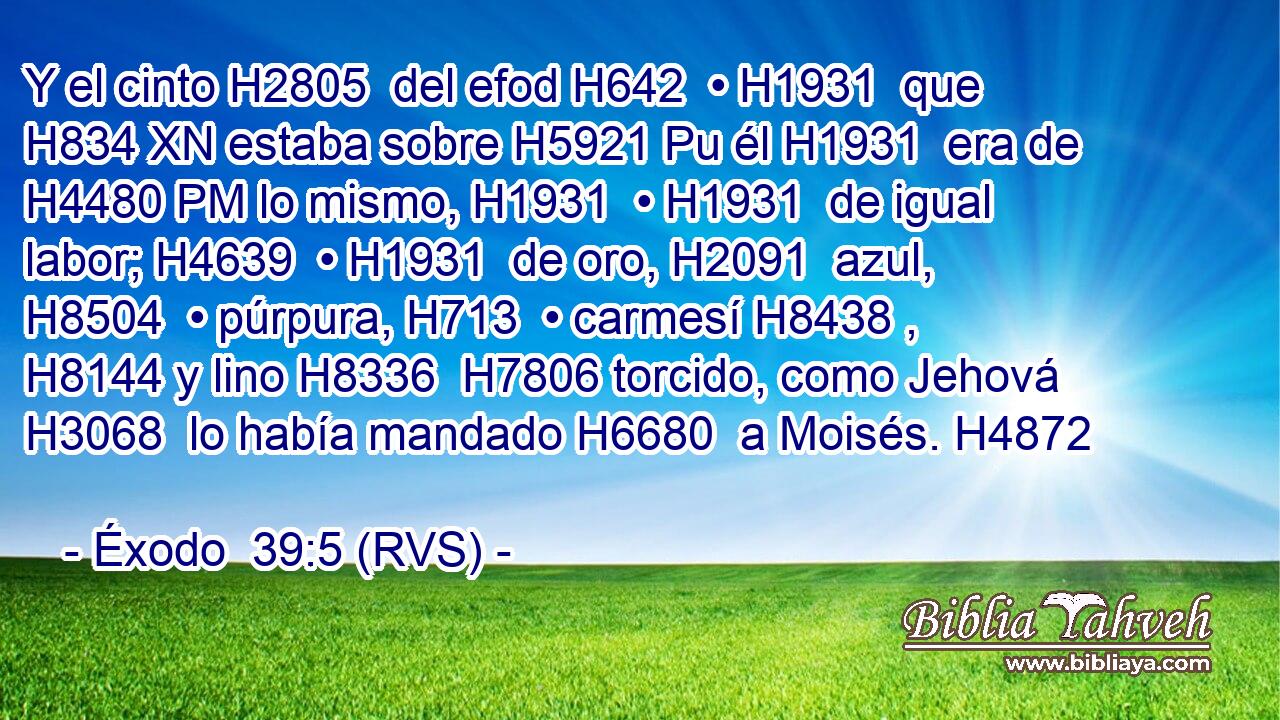 Y el cinto H2805  del efod H642  • H1931  que H834 XN estaba sobre H5921 Pu él H1931  era de H4480 PM lo mismo, H1931  • H1931  de igual labor; H4639  • H1931  de oro, H2091  azul, H8504  • púrpura, H713  • carmesí H8438 ,  H8144 y lino H8336  H7806 torcido, como Jehová H3068  lo había mandado H6680  a Moisés. H4872  