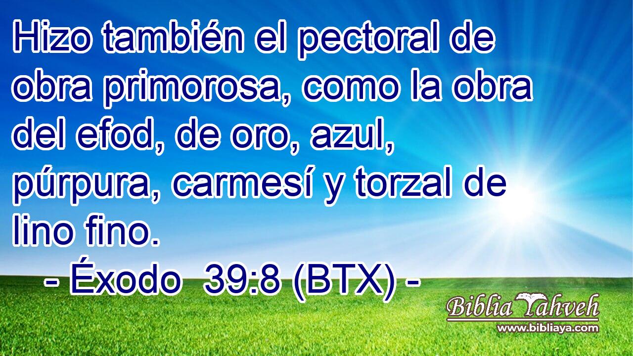 Hizo también el pectoral de obra primorosa, como la obra del efod, de oro, azul, púrpura, carmesí y torzal de lino fino.