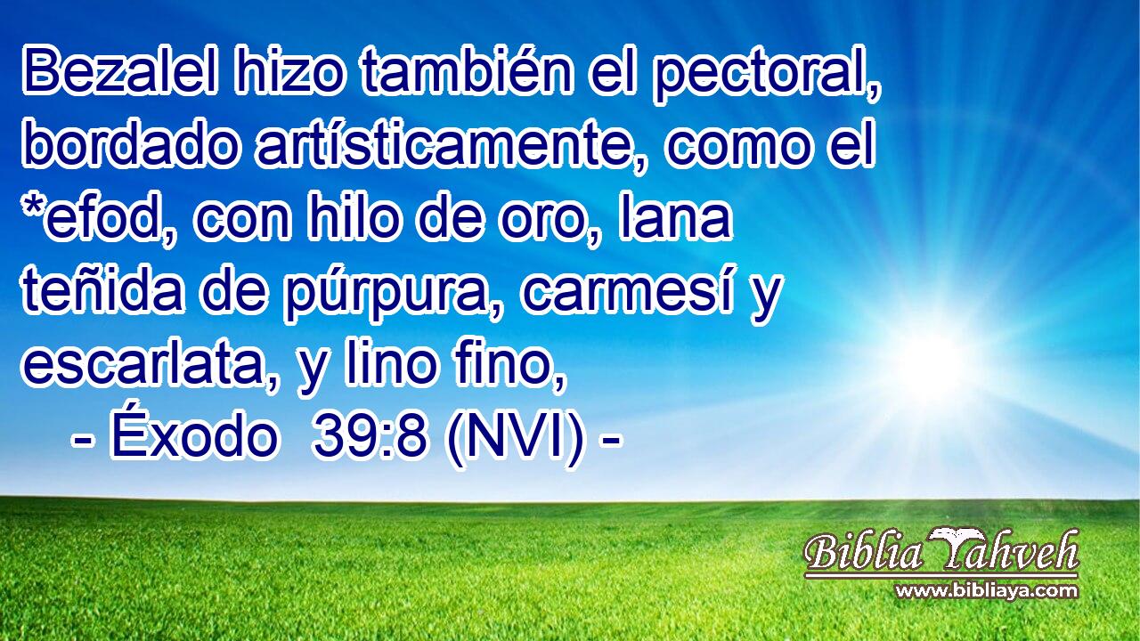  Bezalel hizo también el pectoral, bordado artísticamente, como el *efod, con hilo de oro, lana teñida de púrpura, carmesí y escarlata, y lino fino, 