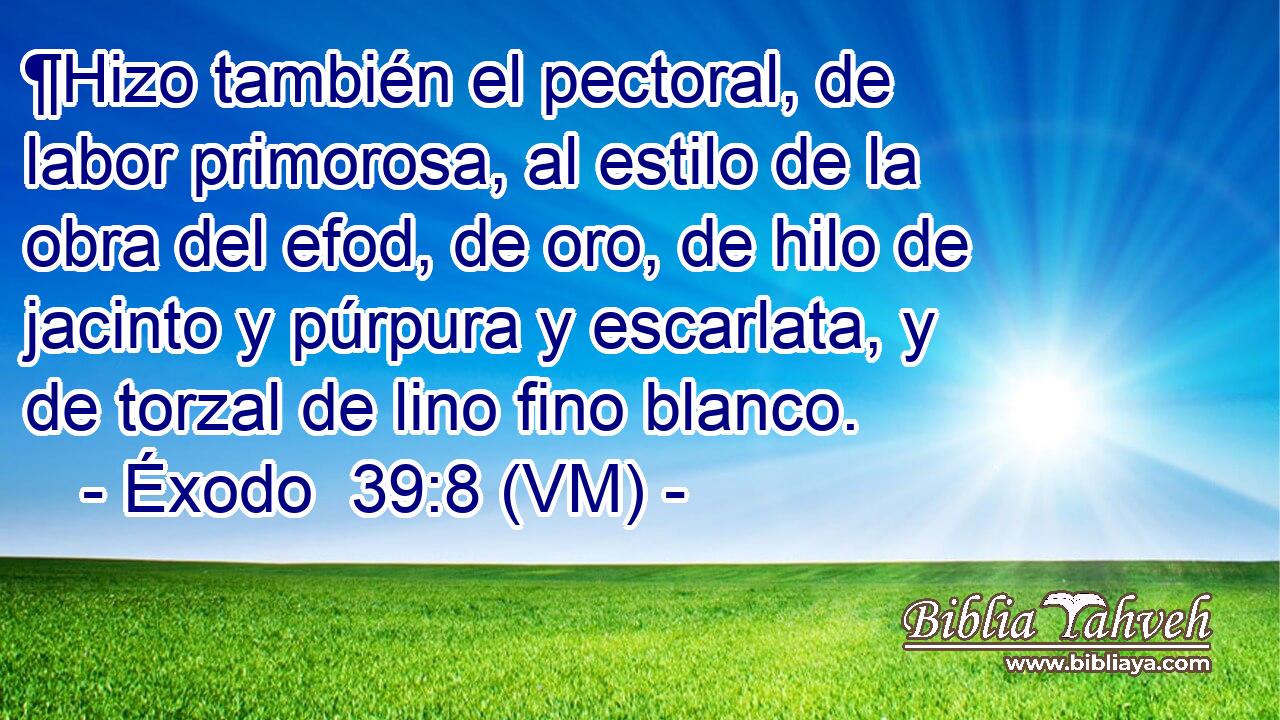  ¶Hizo también el pectoral, de labor primorosa, al estilo de la obra del efod, de oro, de hilo de jacinto y púrpura y escarlata, y de torzal de lino fino blanco. 