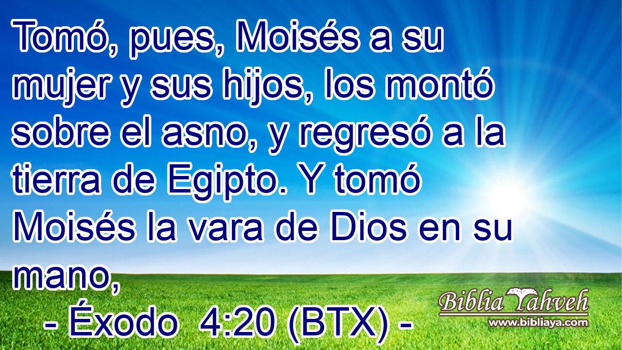 Tomó, pues, Moisés a su mujer y sus hijos, los montó sobre el asno, y regresó a la tierra de Egipto. Y tomó Moisés la vara de Dios en su mano,