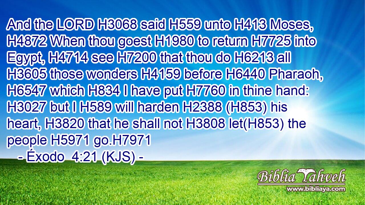 And the LORD H3068 said H559 unto H413 Moses, H4872 When thou goest H1980 to return H7725 into Egypt, H4714 see H7200 that thou do H6213 all H3605 those wonders H4159 before H6440 Pharaoh, H6547 which H834 I have put H7760 in thine hand: H3027 but I H589 will harden H2388 (H853) his heart, H3820 that he shall not H3808 let(H853) the people H5971 go.H7971