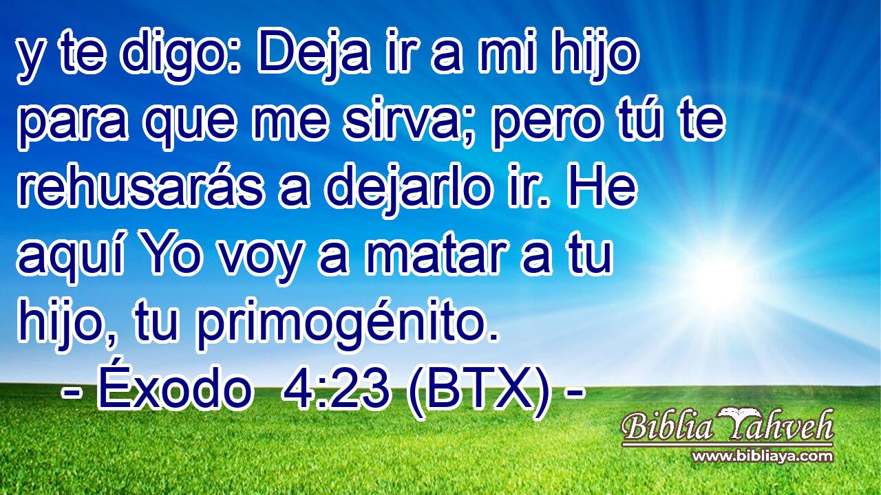 y te digo: Deja ir a mi hijo para que me sirva; pero tú te rehusarás a dejarlo ir. He aquí Yo voy a matar a tu hijo, tu primogénito.