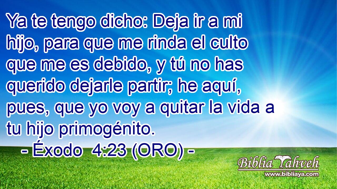  Ya te tengo dicho: Deja ir a mi hijo, para que me rinda el culto que me es debido, y tú no has querido dejarle partir; he aquí, pues, que yo voy a quitar la vida a tu hijo primogénito. 