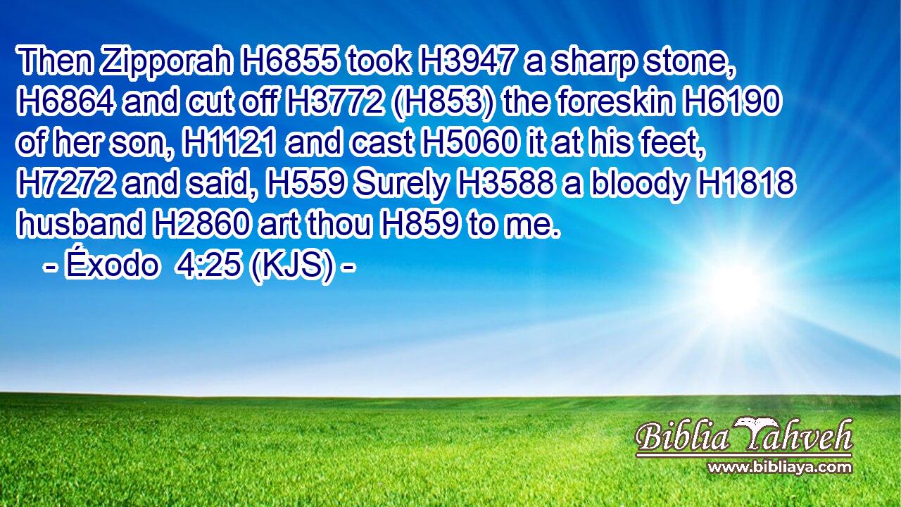 Then Zipporah H6855 took H3947 a sharp stone, H6864 and cut off H3772 (H853) the foreskin H6190 of her son, H1121 and cast H5060 it at his feet, H7272 and said, H559 Surely H3588 a bloody H1818 husband H2860 art thou H859 to me.